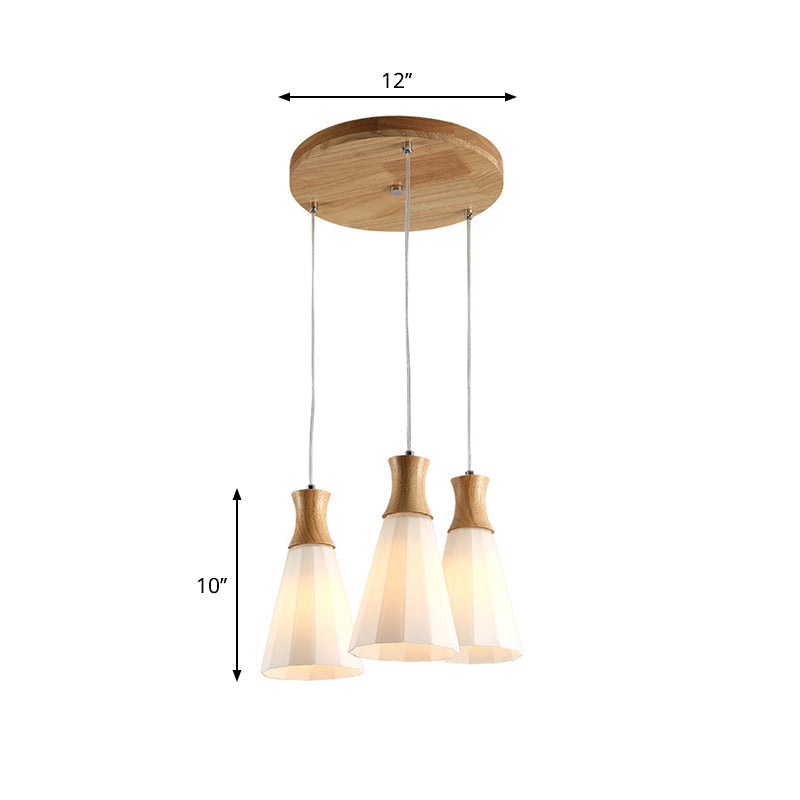 Milky Glass Cone Pendant Light With Wood Suspension And Linear/Round Canopy