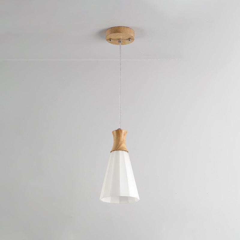 Milky Glass Cone Pendant Light With Wood Suspension And Linear/Round Canopy 1 /