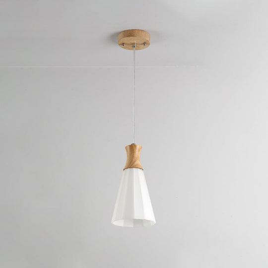 Milky Glass Cone Pendant Light With Wood Suspension And Linear/Round Canopy 1 /