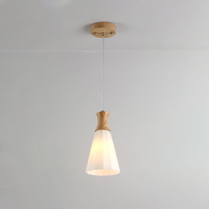 Milky Glass Cone Pendant Light With Wood Suspension And Linear/Round Canopy