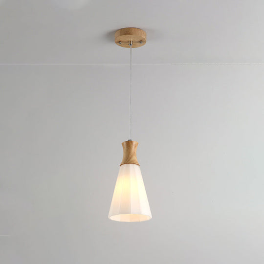 Milky Glass Cone Pendant Light With Wood Suspension And Linear/Round Canopy