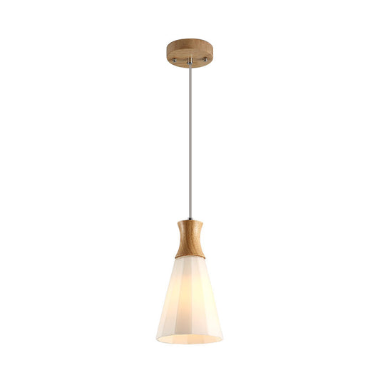 Milky Glass Cone Pendant Light With Wood Suspension And Linear/Round Canopy
