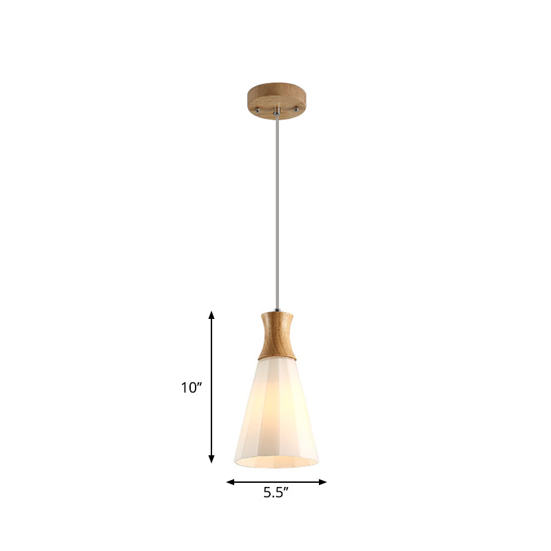 Nordic Milky Glass Cone Pendant Light - Wood Suspension Lamp With Round/Linear Canopy