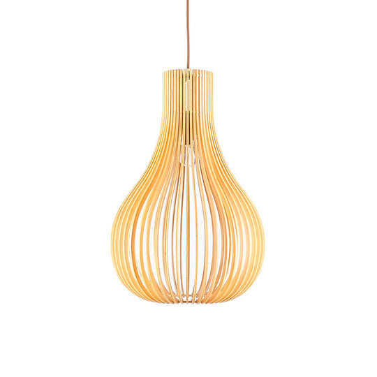 Minimalist Gourd Pendant Lamp With Wood Shade And Cutouts - Beige | Available In 12’/15’ W