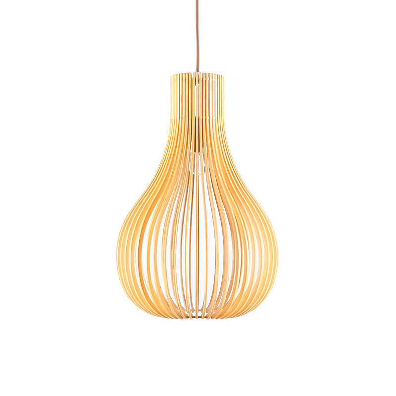 Beige Cutout Gourd Pendant Ceiling Lamp With Wood Shade - Minimalist 1-Bulb 12/15 W
