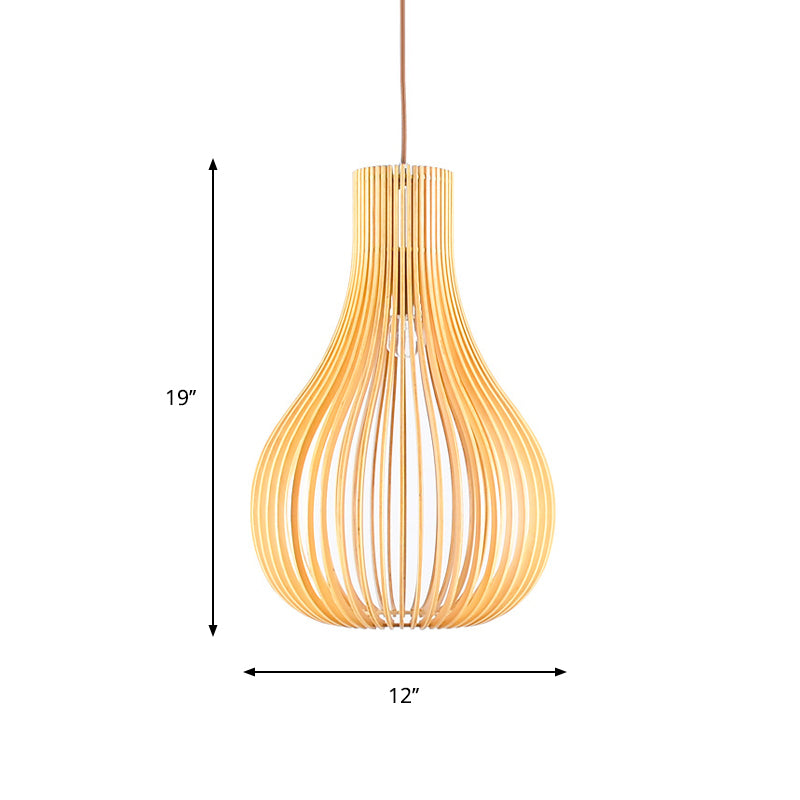 Minimalist Gourd Pendant Lamp With Wood Shade And Cutouts - Beige | Available In 12’/15’ W