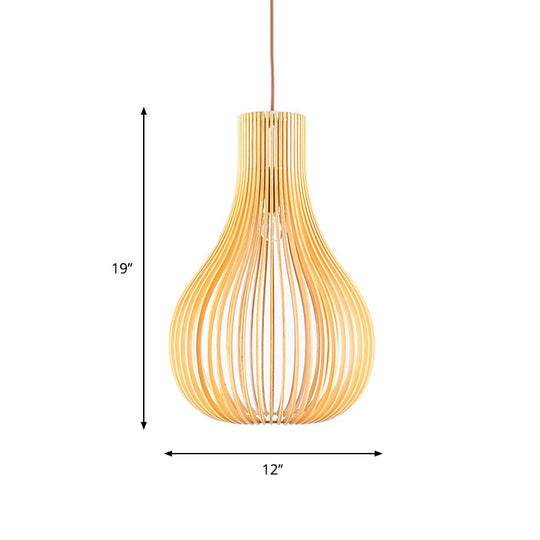 Minimalist Gourd Pendant Lamp With Wood Shade And Cutouts - Beige | Available In 12’/15’ W