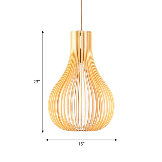 Minimalist Gourd Pendant Lamp With Wood Shade And Cutouts - Beige | Available In 12’/15’ W