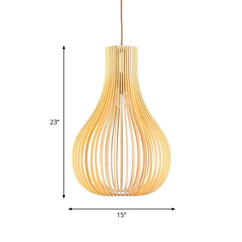 Beige Cutout Gourd Pendant Ceiling Lamp With Wood Shade - Minimalist 1-Bulb 12/15 W