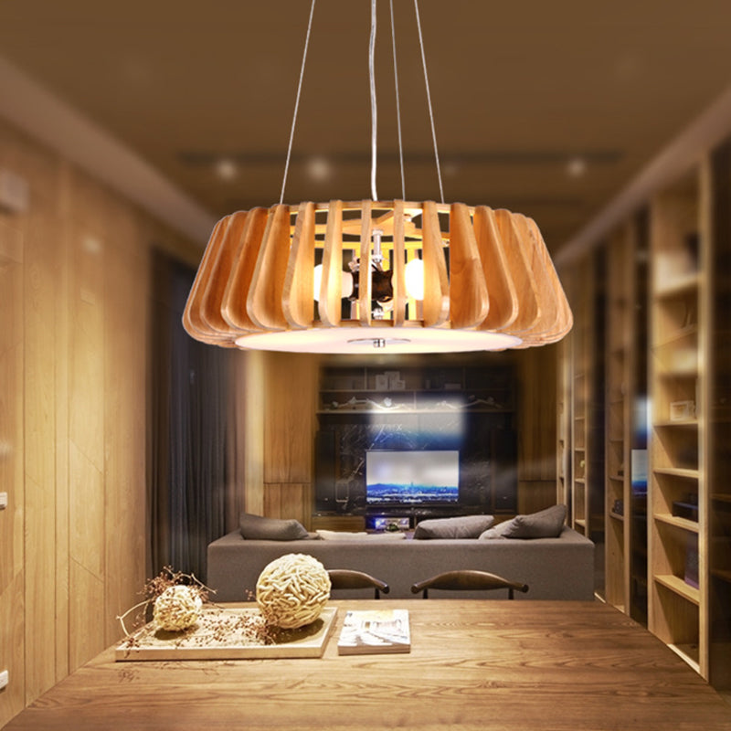 Modern Dining Room Pendant Light - Single-Bulb Hanging Lamp With Wooden Drum Cage Wood