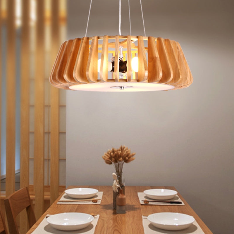 Modern Dining Room Pendant Light - Single-Bulb Hanging Lamp With Wooden Drum Cage