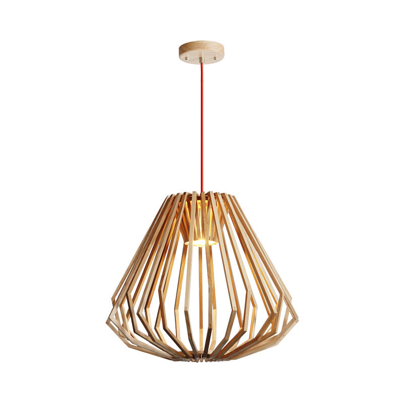 Contemporary Beige Pendant Hanging Light With Diamond Wood Cage - 1-Light Down Lighting For Living