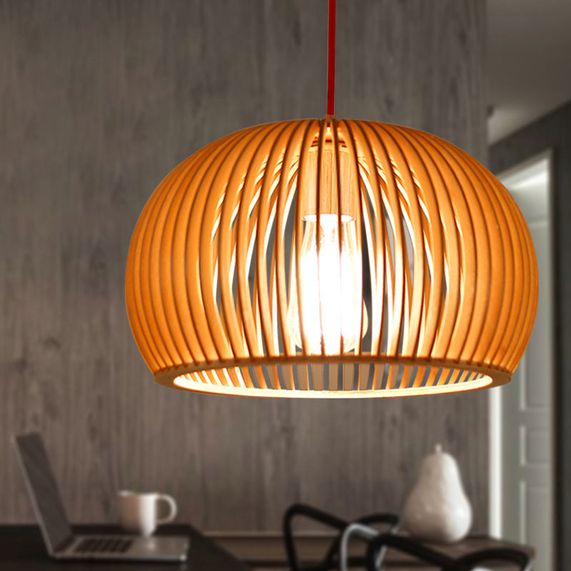 Minimalist Wood Hemisphere Pendant Ceiling Lamp Single-Bulb Beige Hang Light 14’/18’ Width