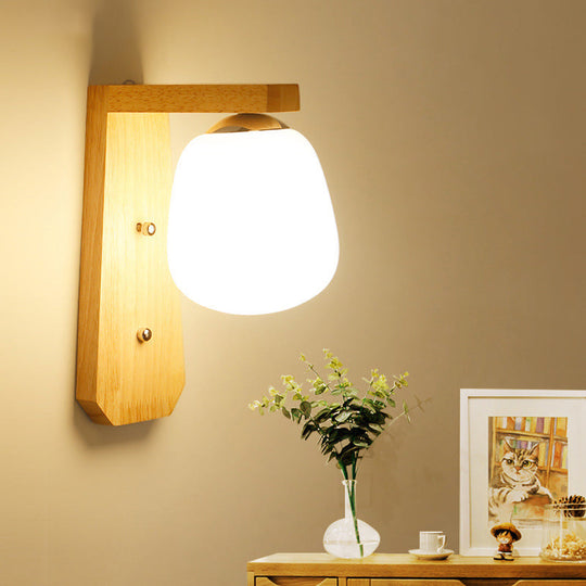 Modern Nordic Wooden Wall Lamp With Milky Glass Bud Shape & Right Angled Arm - 1 Bulb Light Wood