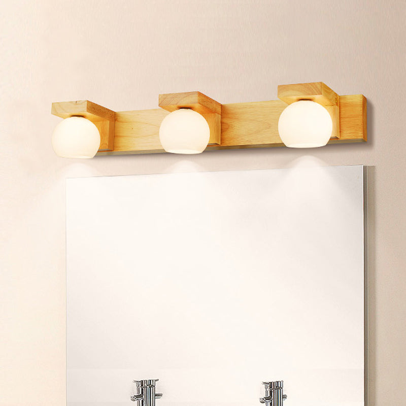 Nordic Wall Mount Sconce: Wood Vanity Lamp With Opal Glass Shade - 2/3 Heads