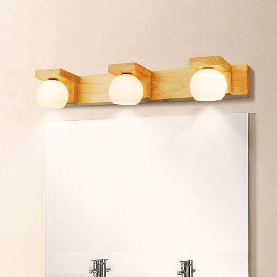 Nordic Wall Mount Sconce: Wood Vanity Lamp With Opal Glass Shade - 2/3 Heads
