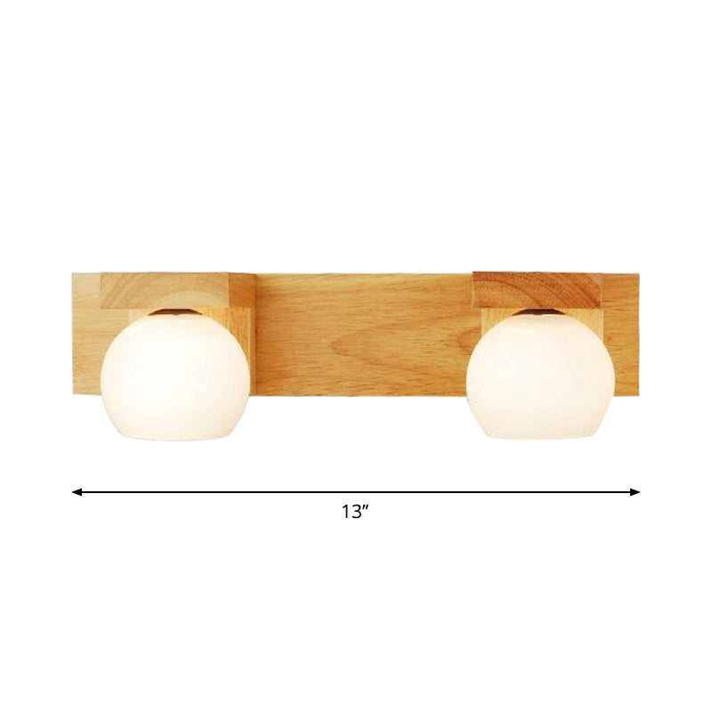 Nordic Wall Mount Sconce: Wood Vanity Lamp With Opal Glass Shade - 2/3 Heads