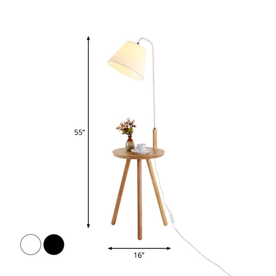 Modern Fabric Cone/Drum/Tapered Floor Lamp With Table & Storage Rack - Black/White/Wood Stand Up