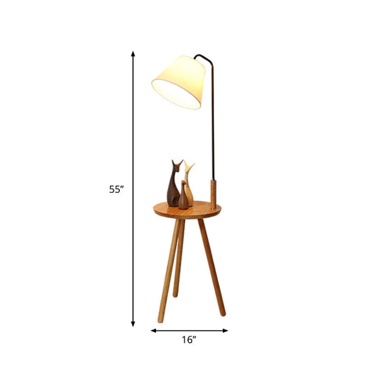 Conical Nordic Floor Lamp With Wood 3-Leg Stand And Table - Fabric Shade