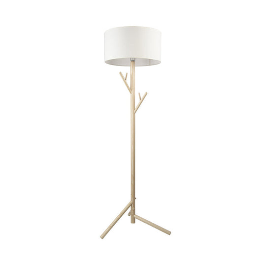 Minimalist Fabric Drum Floor Lamp With Wood Coat Rack - 1 Head Bedroom Lighting