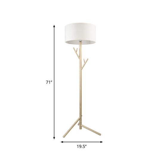 Minimalist Fabric Drum Floor Lamp With Wood Coat Rack - 1 Head Bedroom Lighting