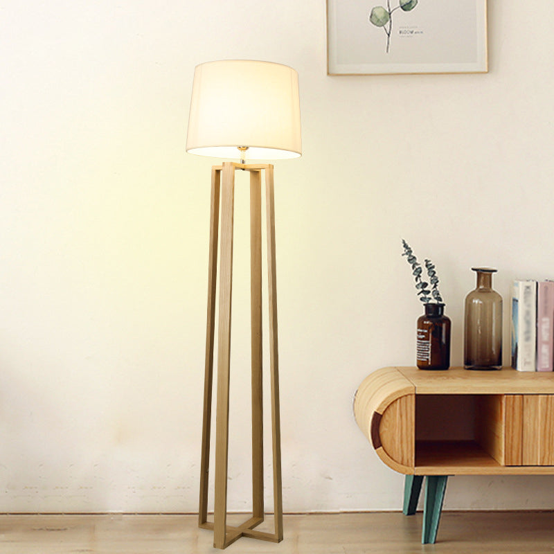 Contemporary Wood Trapezoid Floor Lamp With White Barrel Fabric Shade