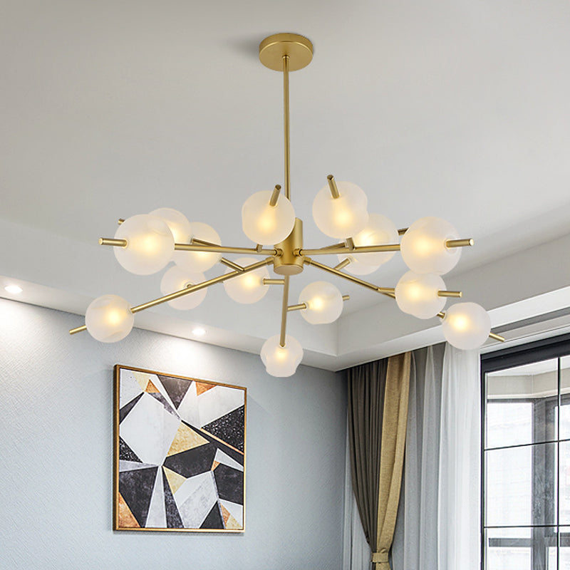 Contemporary Branched Pendant Lamp With 15 Metal Bulbs Black/Gold Finish And Frosted Glass Shades