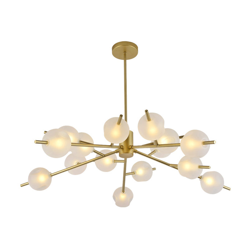 Contemporary Branched Pendant Lamp With 15 Metal Bulbs Black/Gold Finish And Frosted Glass Shades