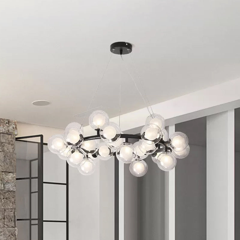 Modern Black Bubbled Wreath Chandelier With Clear And Frosted Glass Shades - 15/25 Bulbs Hanging