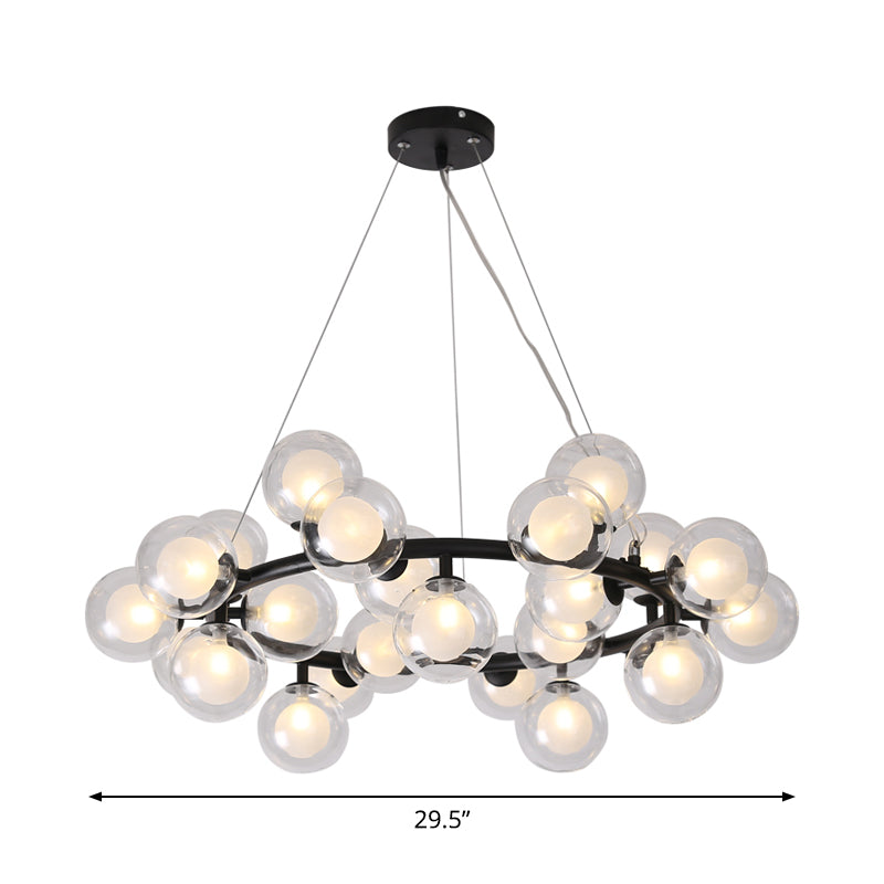 Modern Black Bubbled Wreath Chandelier With Clear And Frosted Glass Shades - 15/25 Bulbs Hanging