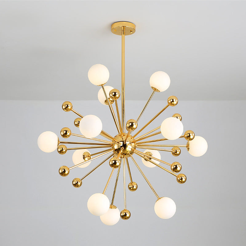 Modern Stylish Burst Ball Chandelier – Frosted White Glass Ceiling Hang Lamp (Gold Living Room