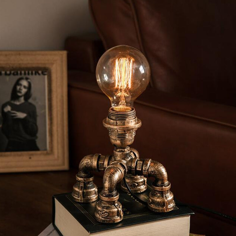 Édith - Bronze Warehouse Style Iron Table Light: Single-Bulb Robot Nightstand
