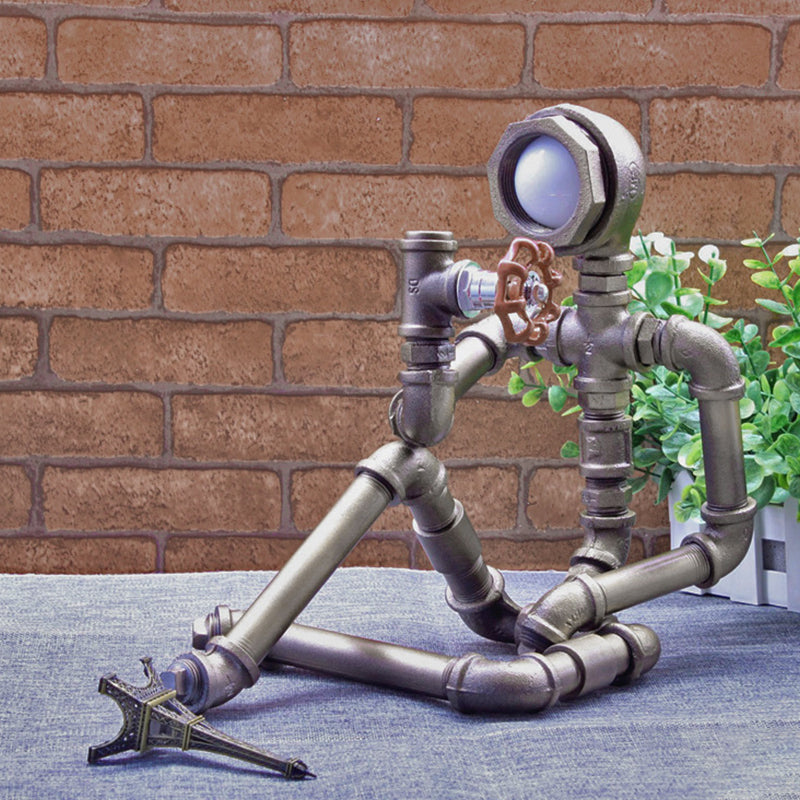 Industrial Iron Pipe Man Table Lamp - Silver/Bronze Red Valve Rotating Switch