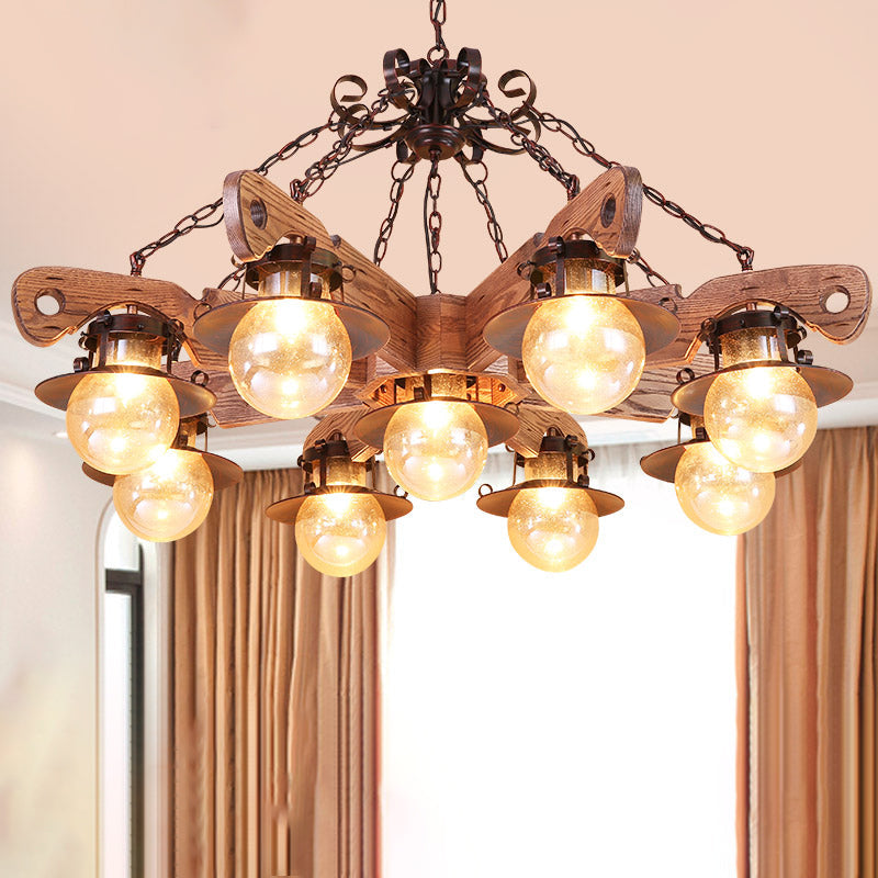 Cognac Seeded Glass Chandelier With Rustic Ball Pendant: 5/9 Lights Industrial Lighting 9 / Wood
