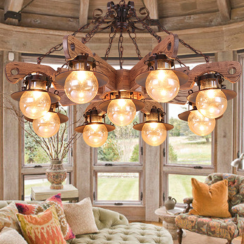 Cognac Seeded Glass Chandelier With Rustic Ball Pendant: 5/9 Lights Industrial Lighting