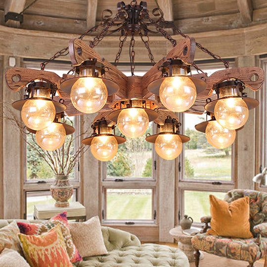 Cognac Seeded Glass Chandelier With Rustic Ball Pendant: 5/9 Lights Industrial Lighting
