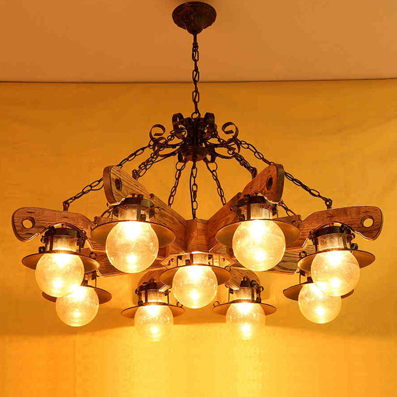 Cognac Seeded Glass Chandelier With Rustic Ball Pendant: 5/9 Lights Industrial Lighting