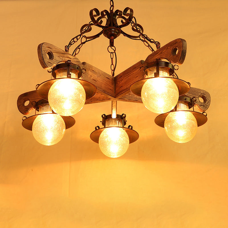 Cognac Seeded Glass Chandelier With Rustic Ball Pendant: 5/9 Lights Industrial Lighting