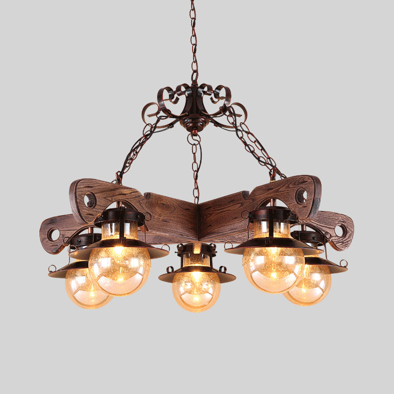 Cognac Seeded Glass Chandelier With Rustic Ball Pendant: 5/9 Lights Industrial Lighting