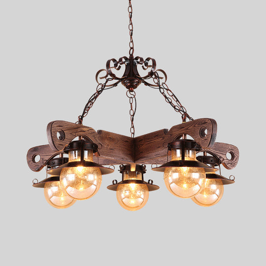 Cognac Seeded Glass Chandelier With Rustic Ball Pendant: 5/9 Lights Industrial Lighting