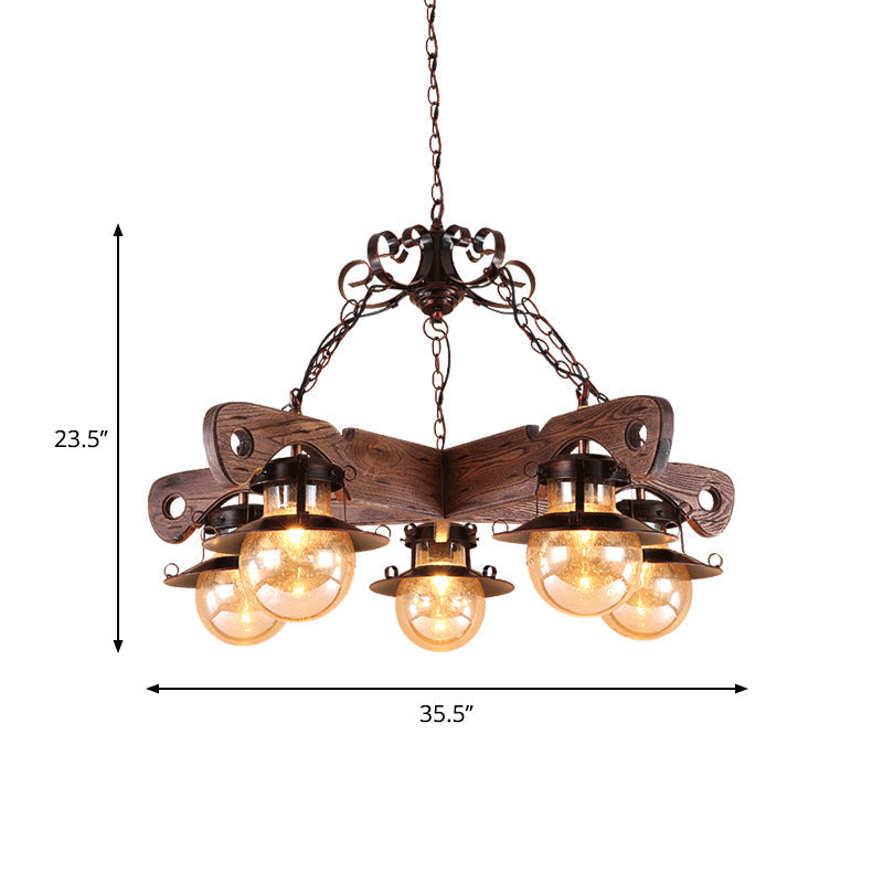 Cognac Seeded Glass Chandelier With Rustic Ball Pendant: 5/9 Lights Industrial Lighting