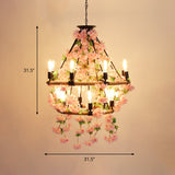 Industrial Metal Pendant Chandelier With Pink Flower Decoration - 6/8/14 Head Design For Restaurant