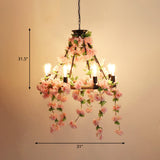 Industrial Metal Pendant Chandelier With Pink Flower Decoration - 6/8/14 Head Design For Restaurant