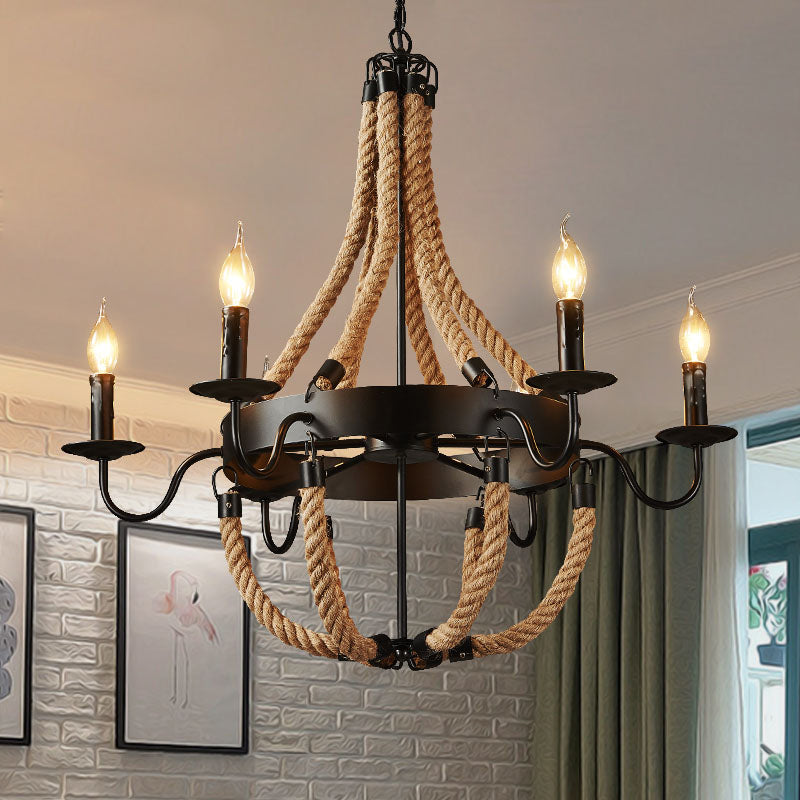 Rustic Black Metal Candelabra Pendant Chandelier - 6-Light Rope Hanging Ceiling Light With