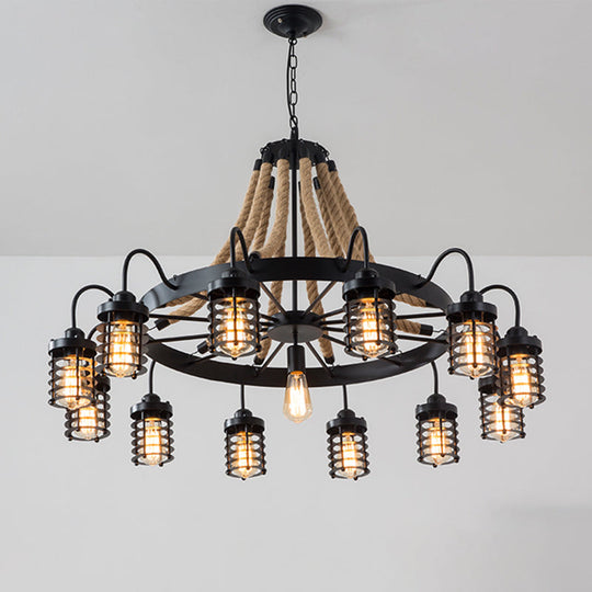 Rustic Black Metal Chandelier With 7/9 Cylinder Cage Heads And Rope Suspension 13 /