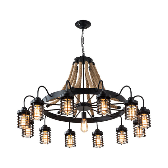 Rustic Black Metal Chandelier With 7/9 Cylinder Cage Heads And Rope Suspension
