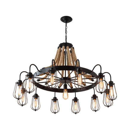 Farm Style Wheel Design Rope Chandelier With Bulb Cage - Black Metallic Pendant Light Fixture (9/13