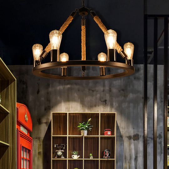 Industrial Metal Chandelier: Open Bulb 6/8-Light Rope Pendant Lamp Black With Ring Design - Dining