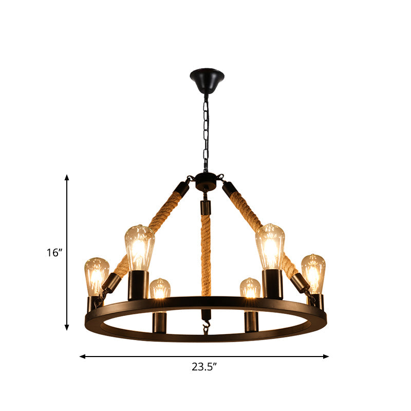Industrial Metal Chandelier: Open Bulb 6/8-Light Rope Pendant Lamp Black With Ring Design - Dining