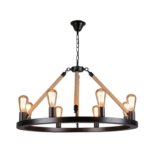 Industrial Metal Chandelier: Open Bulb 6/8-Light Rope Pendant Lamp Black With Ring Design - Dining